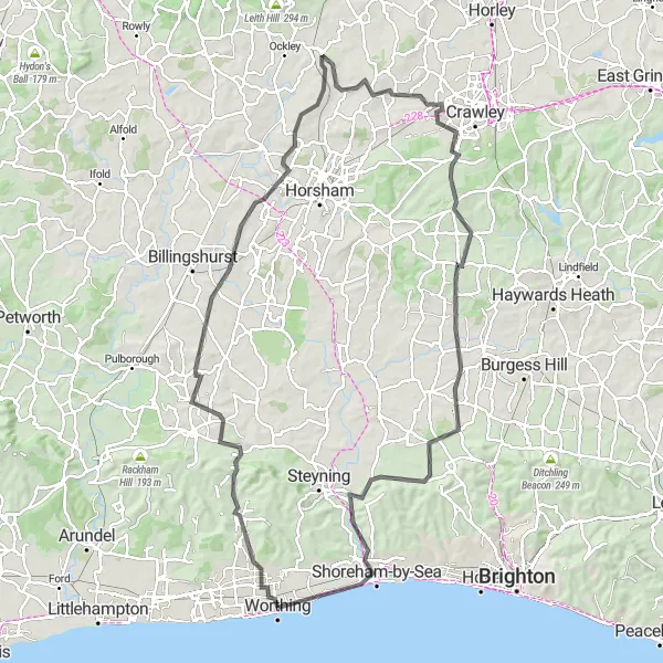 Map miniature of "Broadwater Circular Road Cycling Route" cycling inspiration in Surrey, East and West Sussex, United Kingdom. Generated by Tarmacs.app cycling route planner