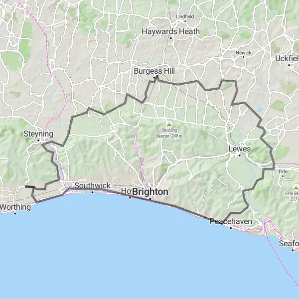 Map miniature of "Exploring the South Downs Road Cycling Route" cycling inspiration in Surrey, East and West Sussex, United Kingdom. Generated by Tarmacs.app cycling route planner