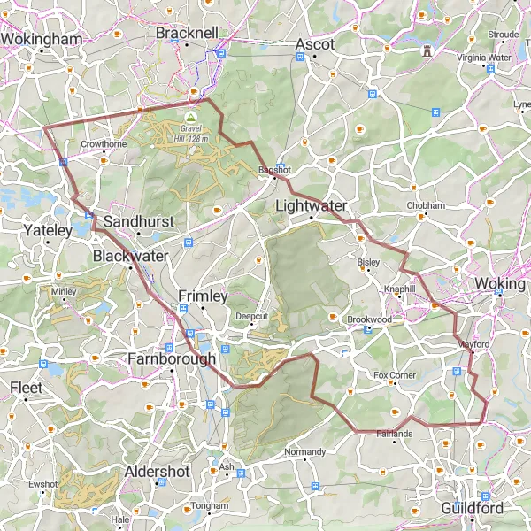 Map miniature of "Worplesdon Gravel Loop" cycling inspiration in Surrey, East and West Sussex, United Kingdom. Generated by Tarmacs.app cycling route planner