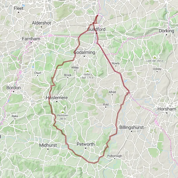 Map miniature of "The Ultimate Gravel Challenge" cycling inspiration in Surrey, East and West Sussex, United Kingdom. Generated by Tarmacs.app cycling route planner