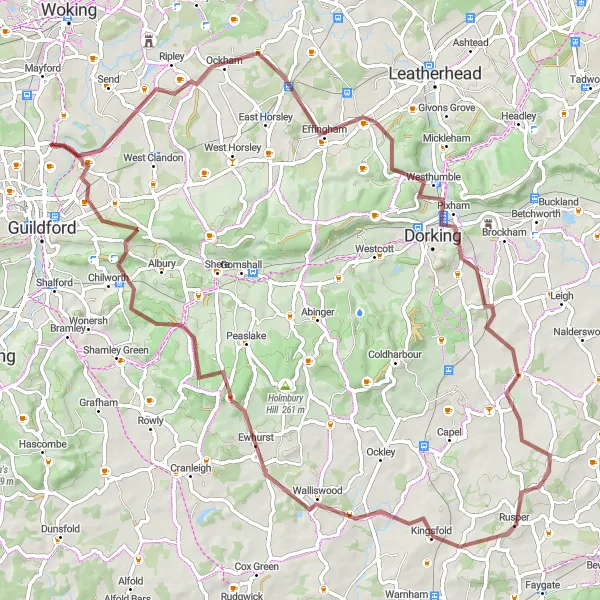 Map miniature of "Scenic Gravel Adventure" cycling inspiration in Surrey, East and West Sussex, United Kingdom. Generated by Tarmacs.app cycling route planner