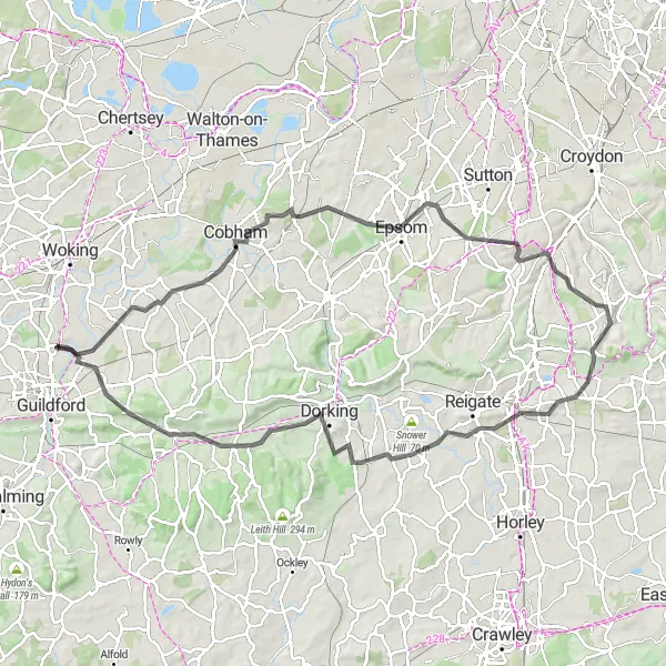 Map miniature of "Countryside Adventure and Charming Towns" cycling inspiration in Surrey, East and West Sussex, United Kingdom. Generated by Tarmacs.app cycling route planner