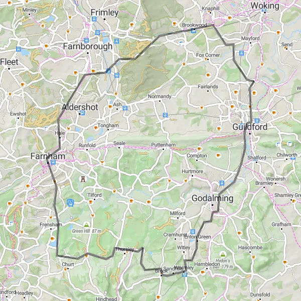 Map miniature of "Challenging Hills and Historical Landmarks" cycling inspiration in Surrey, East and West Sussex, United Kingdom. Generated by Tarmacs.app cycling route planner