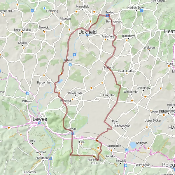 Map miniature of "The Gravel Adventure" cycling inspiration in Surrey, East and West Sussex, United Kingdom. Generated by Tarmacs.app cycling route planner