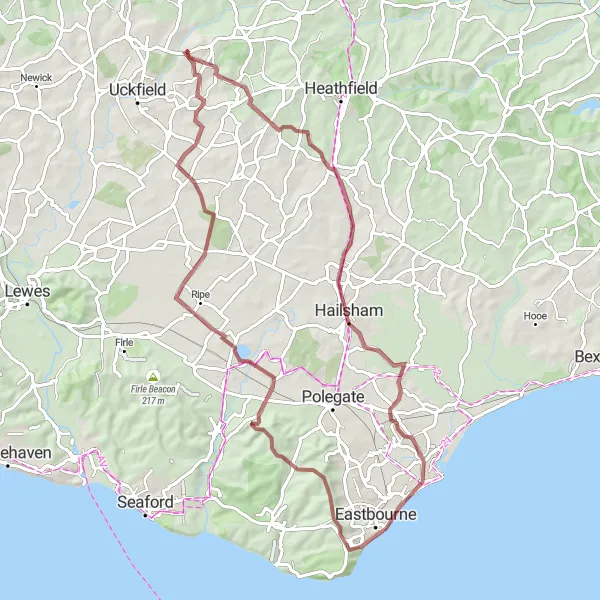 Map miniature of "Gravel Adventure to Eastbourne" cycling inspiration in Surrey, East and West Sussex, United Kingdom. Generated by Tarmacs.app cycling route planner