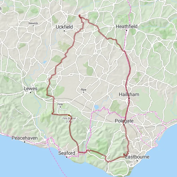 Map miniature of "The Gravel Tour of Sussex" cycling inspiration in Surrey, East and West Sussex, United Kingdom. Generated by Tarmacs.app cycling route planner