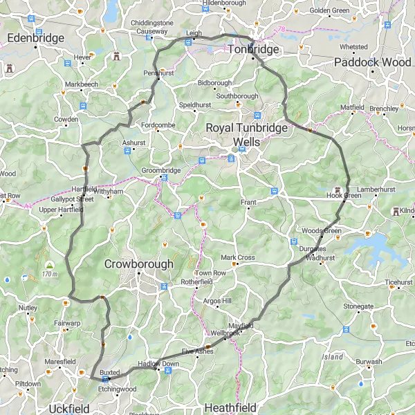 Map miniature of "Hills of Buxted" cycling inspiration in Surrey, East and West Sussex, United Kingdom. Generated by Tarmacs.app cycling route planner
