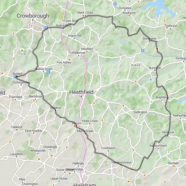 Map miniature of "Rotherfield Challenge" cycling inspiration in Surrey, East and West Sussex, United Kingdom. Generated by Tarmacs.app cycling route planner