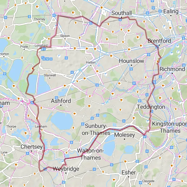 Map miniature of "Chertsey to Addlestone Gravel Cycling Route" cycling inspiration in Surrey, East and West Sussex, United Kingdom. Generated by Tarmacs.app cycling route planner