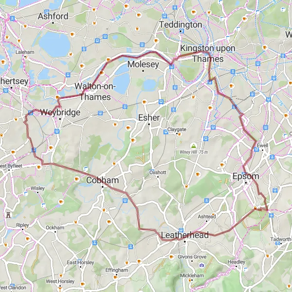 Map miniature of "Exploring Surbiton and Leatherhead" cycling inspiration in Surrey, East and West Sussex, United Kingdom. Generated by Tarmacs.app cycling route planner