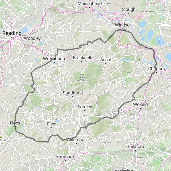 Map miniature of "Chertsey to Aldershot Loop" cycling inspiration in Surrey, East and West Sussex, United Kingdom. Generated by Tarmacs.app cycling route planner