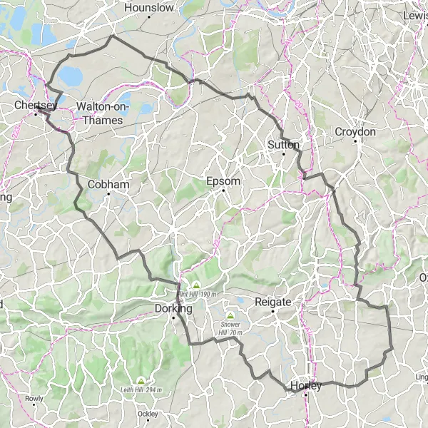 Map miniature of "Chertsey to Weybridge Circuit" cycling inspiration in Surrey, East and West Sussex, United Kingdom. Generated by Tarmacs.app cycling route planner
