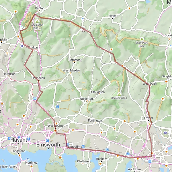 Map miniature of "Bosham Gravel Loop" cycling inspiration in Surrey, East and West Sussex, United Kingdom. Generated by Tarmacs.app cycling route planner