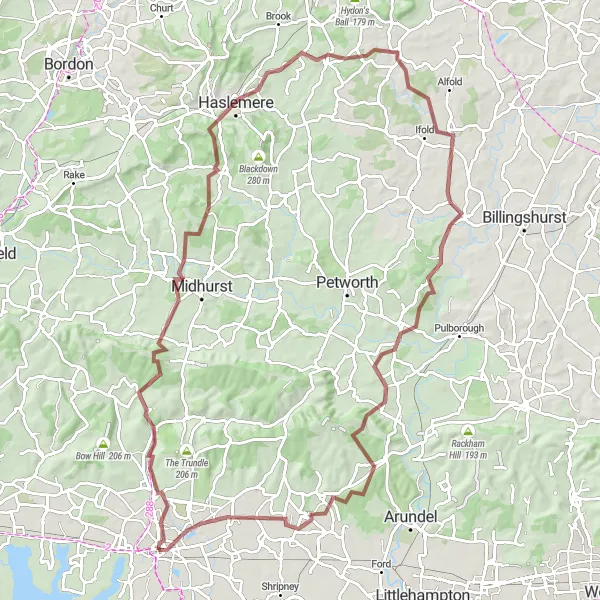 Map miniature of "South Downs Century" cycling inspiration in Surrey, East and West Sussex, United Kingdom. Generated by Tarmacs.app cycling route planner