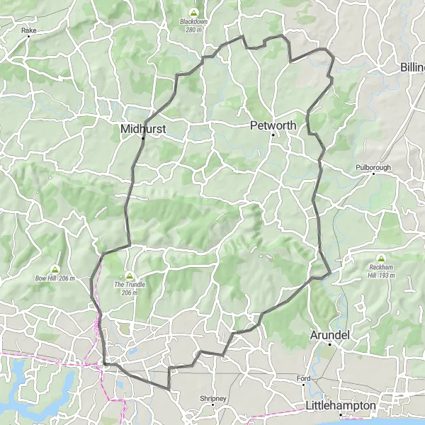 Map miniature of "Scenic Surrey and Sussex Ride" cycling inspiration in Surrey, East and West Sussex, United Kingdom. Generated by Tarmacs.app cycling route planner