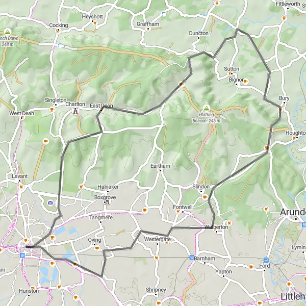 Map miniature of "Chichester Circuit" cycling inspiration in Surrey, East and West Sussex, United Kingdom. Generated by Tarmacs.app cycling route planner