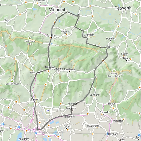 Map miniature of "Exploring the South Downs" cycling inspiration in Surrey, East and West Sussex, United Kingdom. Generated by Tarmacs.app cycling route planner