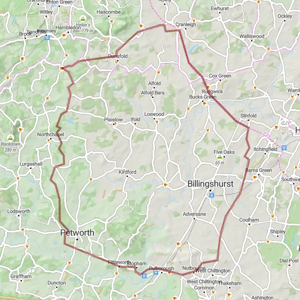 Map miniature of "Slinfold Escape" cycling inspiration in Surrey, East and West Sussex, United Kingdom. Generated by Tarmacs.app cycling route planner