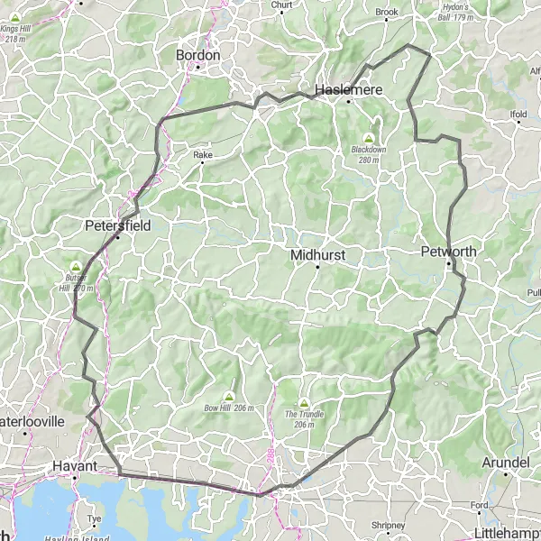 Map miniature of "Northchapel to Haslemere Adventure" cycling inspiration in Surrey, East and West Sussex, United Kingdom. Generated by Tarmacs.app cycling route planner