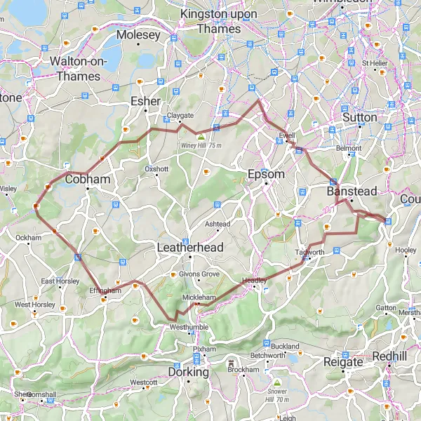 Map miniature of "Kingswood Gravel Adventure" cycling inspiration in Surrey, East and West Sussex, United Kingdom. Generated by Tarmacs.app cycling route planner