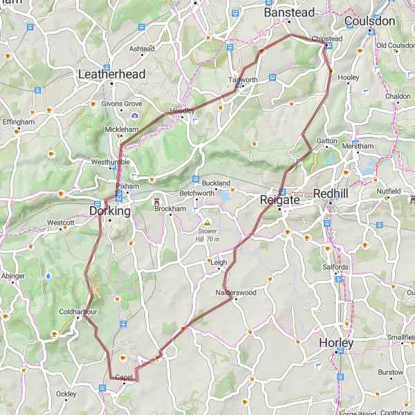 Map miniature of "Reigate Gravel Adventure" cycling inspiration in Surrey, East and West Sussex, United Kingdom. Generated by Tarmacs.app cycling route planner