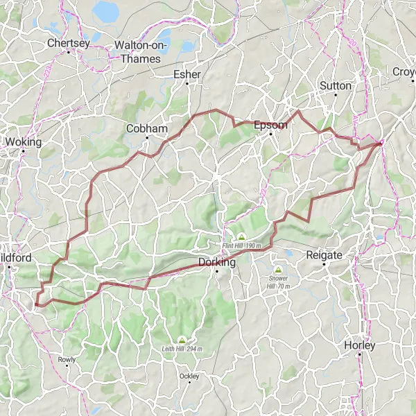 Map miniature of "The Surrey Hills and Beyond" cycling inspiration in Surrey, East and West Sussex, United Kingdom. Generated by Tarmacs.app cycling route planner