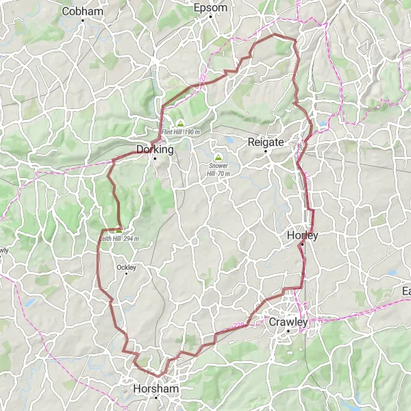 Map miniature of "The Gravel Adventure" cycling inspiration in Surrey, East and West Sussex, United Kingdom. Generated by Tarmacs.app cycling route planner