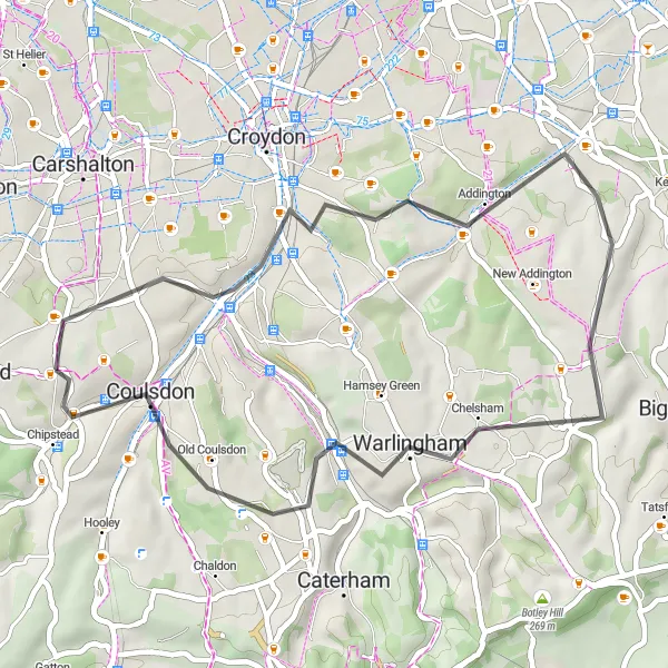 Map miniature of "Purley Circular Road Cycling Route" cycling inspiration in Surrey, East and West Sussex, United Kingdom. Generated by Tarmacs.app cycling route planner