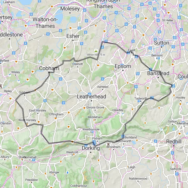 Map miniature of "Betchworth Loop" cycling inspiration in Surrey, East and West Sussex, United Kingdom. Generated by Tarmacs.app cycling route planner