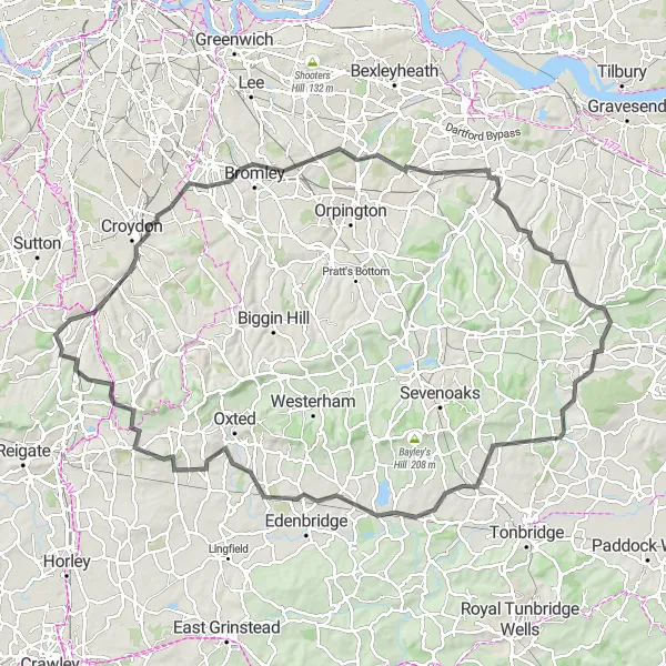Map miniature of "Chipstead Hills Road Cycling Challenge" cycling inspiration in Surrey, East and West Sussex, United Kingdom. Generated by Tarmacs.app cycling route planner