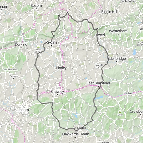 Map miniature of "The Classic Surrey Route" cycling inspiration in Surrey, East and West Sussex, United Kingdom. Generated by Tarmacs.app cycling route planner