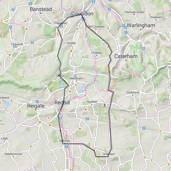 Map miniature of "The Castle Challenge" cycling inspiration in Surrey, East and West Sussex, United Kingdom. Generated by Tarmacs.app cycling route planner