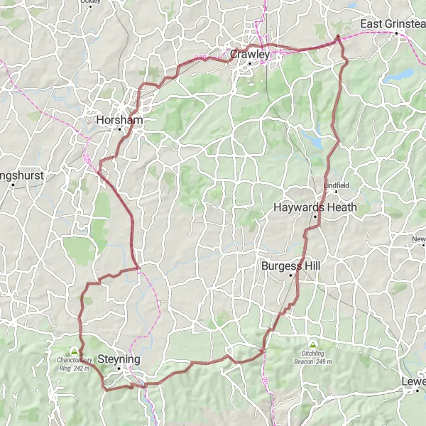 Map miniature of "The Ardingly Escapade" cycling inspiration in Surrey, East and West Sussex, United Kingdom. Generated by Tarmacs.app cycling route planner