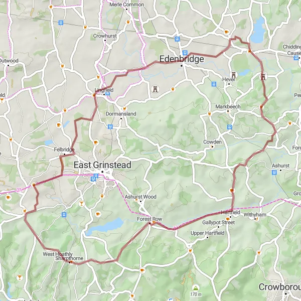 Map miniature of "The Historic Hillside Gravel Route" cycling inspiration in Surrey, East and West Sussex, United Kingdom. Generated by Tarmacs.app cycling route planner