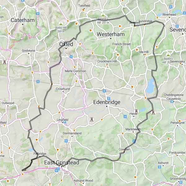 Map miniature of "The Countryside Road Adventure" cycling inspiration in Surrey, East and West Sussex, United Kingdom. Generated by Tarmacs.app cycling route planner