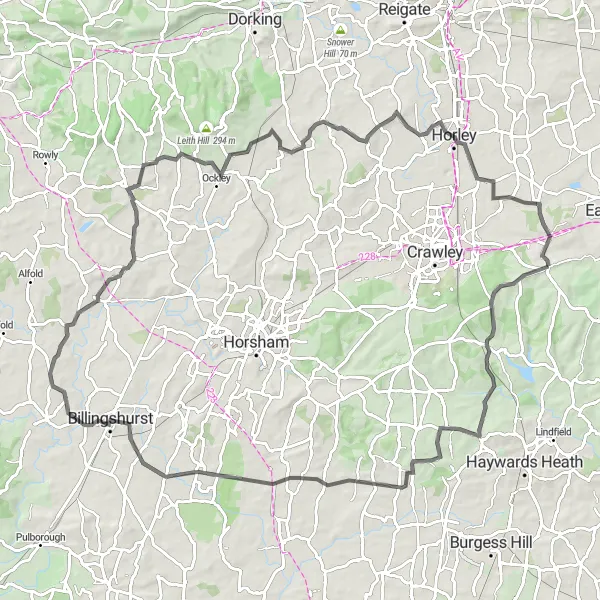 Map miniature of "The Billingshurst Adventure" cycling inspiration in Surrey, East and West Sussex, United Kingdom. Generated by Tarmacs.app cycling route planner