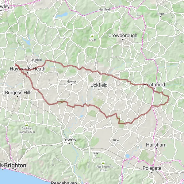 Map miniature of "Challenging Gravel Circuit from Cuckfield to Horam" cycling inspiration in Surrey, East and West Sussex, United Kingdom. Generated by Tarmacs.app cycling route planner