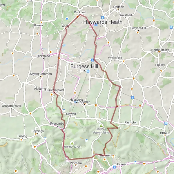 Map miniature of "Scenic Gravel Route from Cuckfield to Streat" cycling inspiration in Surrey, East and West Sussex, United Kingdom. Generated by Tarmacs.app cycling route planner