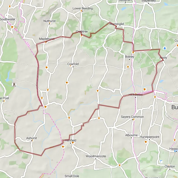 Map miniature of "Gravel Adventure from Cuckfield to Ansty" cycling inspiration in Surrey, East and West Sussex, United Kingdom. Generated by Tarmacs.app cycling route planner