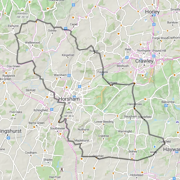 Map miniature of "Cuckfield to Pease Pottage Road Cycling Route" cycling inspiration in Surrey, East and West Sussex, United Kingdom. Generated by Tarmacs.app cycling route planner