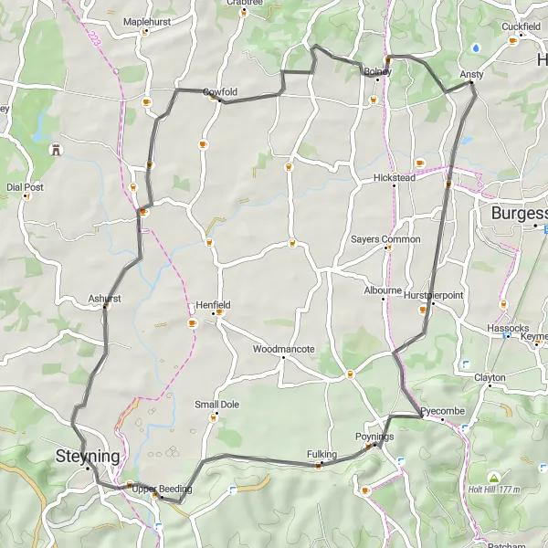 Map miniature of "Goddards' Green and Devil's Dyke Loop" cycling inspiration in Surrey, East and West Sussex, United Kingdom. Generated by Tarmacs.app cycling route planner