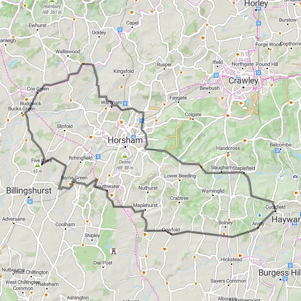 Map miniature of "Exploring Copsale and Warnham" cycling inspiration in Surrey, East and West Sussex, United Kingdom. Generated by Tarmacs.app cycling route planner