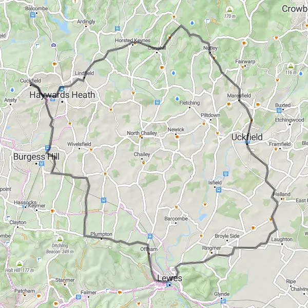 Map miniature of "Epic Road Journey from Cuckfield to Lewes" cycling inspiration in Surrey, East and West Sussex, United Kingdom. Generated by Tarmacs.app cycling route planner