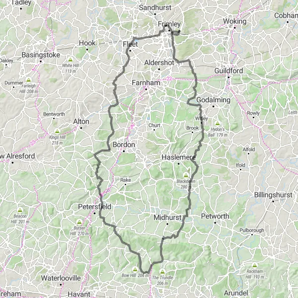 Map miniature of "Deepcut Loop" cycling inspiration in Surrey, East and West Sussex, United Kingdom. Generated by Tarmacs.app cycling route planner