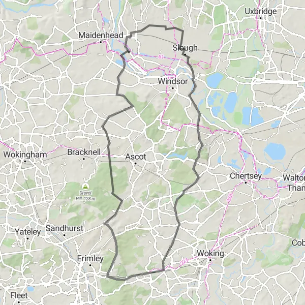 Map miniature of "Exploring Windsor Countryside" cycling inspiration in Surrey, East and West Sussex, United Kingdom. Generated by Tarmacs.app cycling route planner