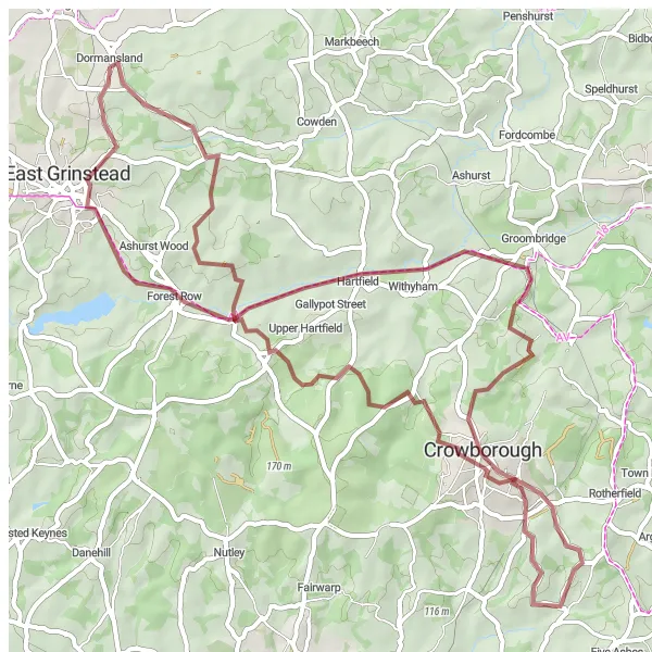 Map miniature of "The Gravel Experience" cycling inspiration in Surrey, East and West Sussex, United Kingdom. Generated by Tarmacs.app cycling route planner