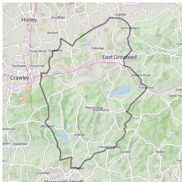 Map miniature of "Dormansland and Forest Row Loop" cycling inspiration in Surrey, East and West Sussex, United Kingdom. Generated by Tarmacs.app cycling route planner