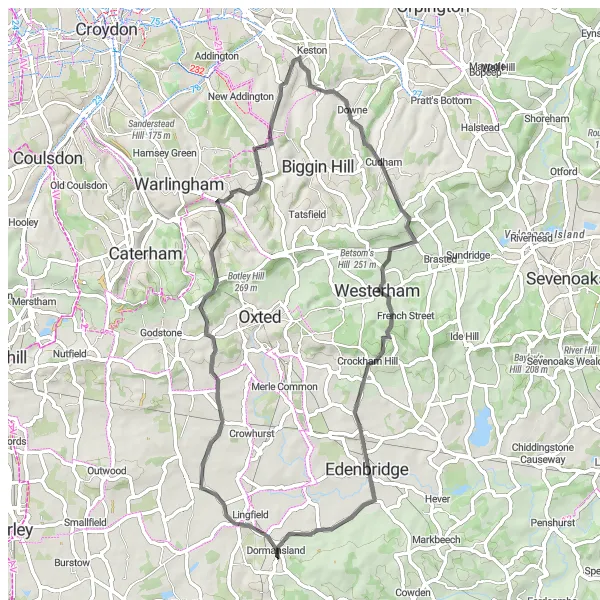 Map miniature of "Dormansland and Tandridge Loop" cycling inspiration in Surrey, East and West Sussex, United Kingdom. Generated by Tarmacs.app cycling route planner