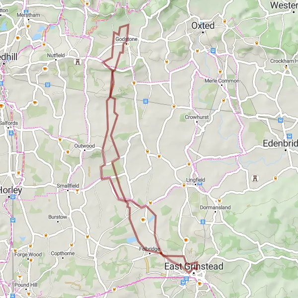 Map miniature of "The Felbridge Tour" cycling inspiration in Surrey, East and West Sussex, United Kingdom. Generated by Tarmacs.app cycling route planner