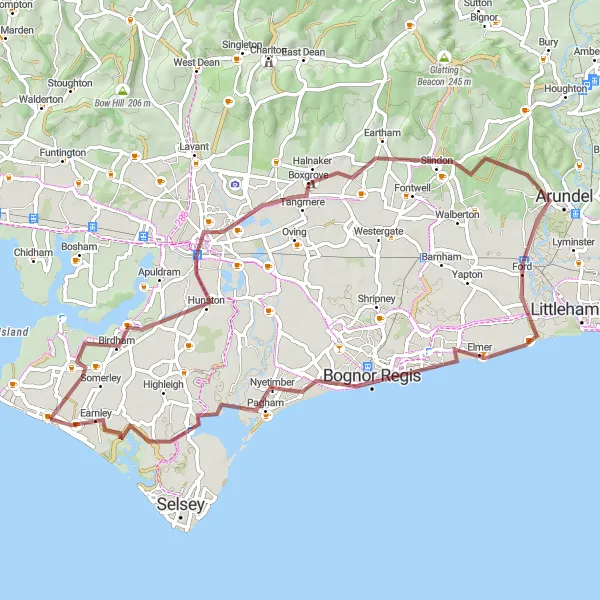 Map miniature of "Chichester and Arundel Gravel Ride" cycling inspiration in Surrey, East and West Sussex, United Kingdom. Generated by Tarmacs.app cycling route planner